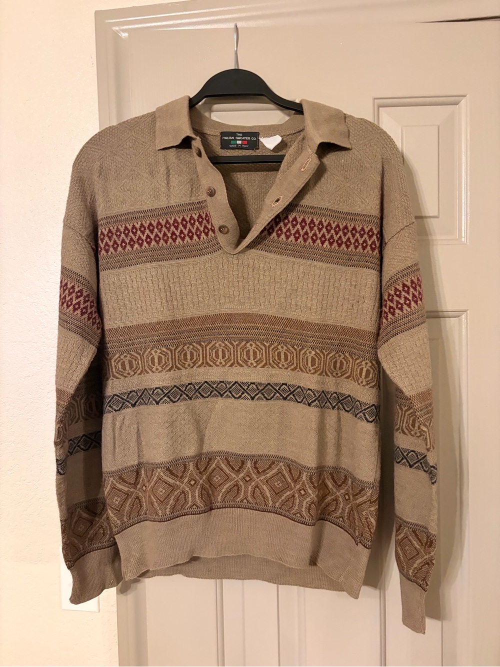 Men's Polo in Beige with Burgundy and Brown Pattern